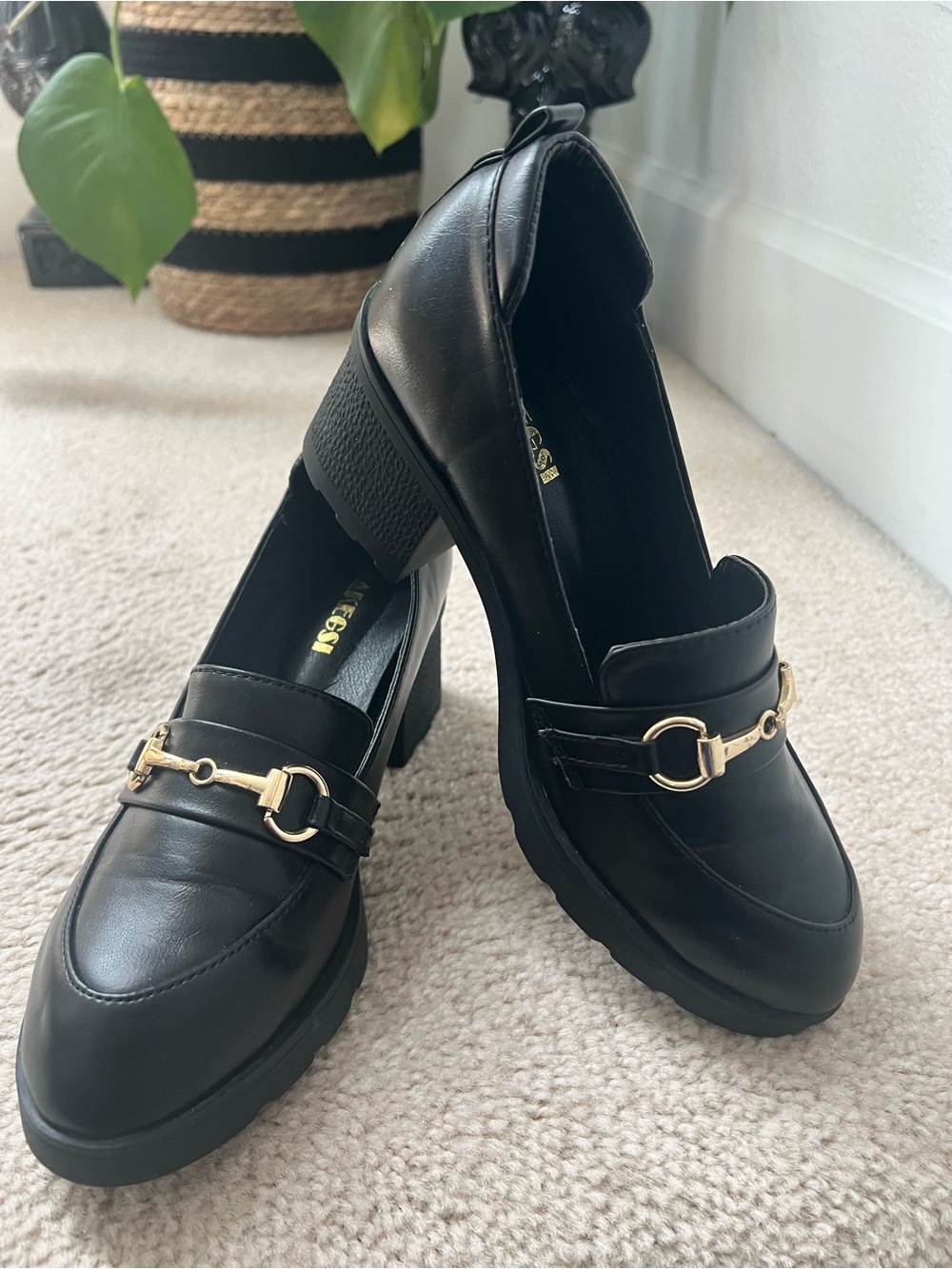 Women's Black Heeled Loafer with Gold Horsebit Accent Whimsy Goth Dark Fairy